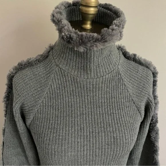 Frett Gray Wool Blend Fur Trimmed Turtleneck Tunic Sweater Mini Dress - S 🇨🇦 - Picture 3 of 13